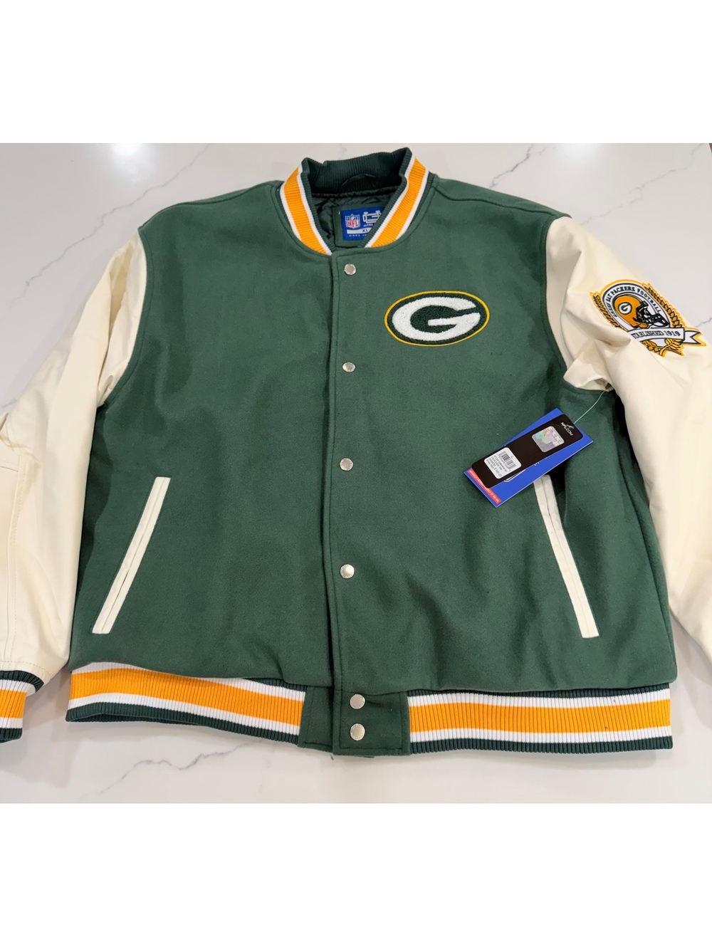 NEW Ultra Game Green Bay Packers XL Varsity Jacket Faux Leather Sleeves Quilted